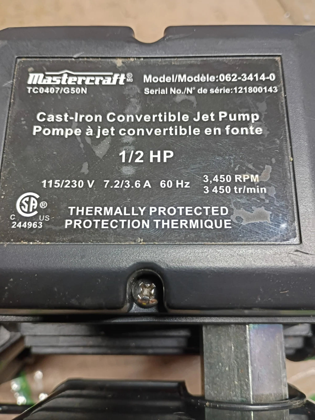 Mastercraft Cast Iron Convertible Jet Pump 1/2HP 062-3414-0 For Parts Only