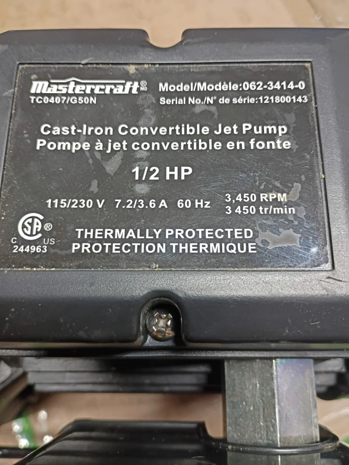 Mastercraft Cast Iron Convertible Jet Pump 1/2HP 062-3414-0 For Parts Only