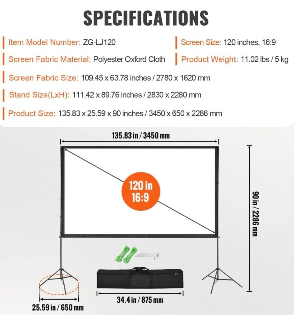 VEVOR ZG-LJ120 Projector Screen/stan 120” 16:9 Outdoor Movie screen *READ DESCR*