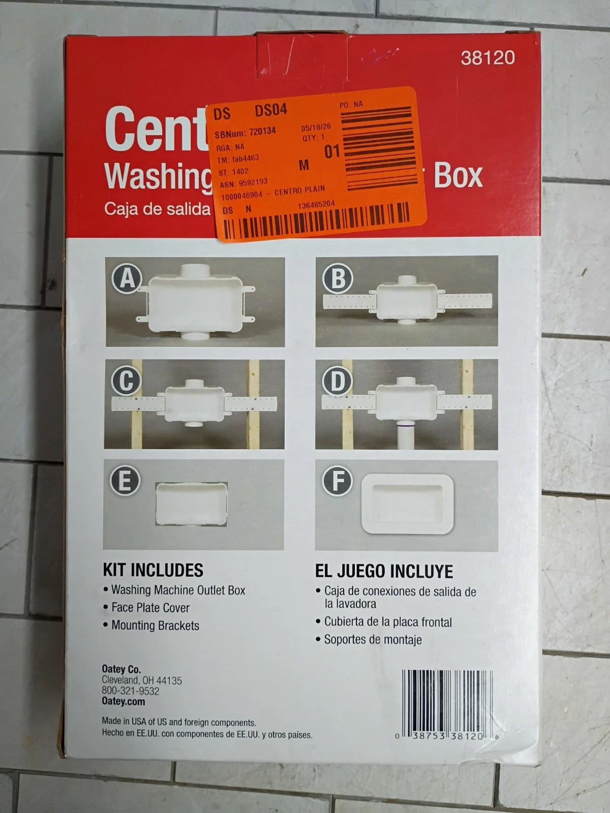 Oatey 38120 Centro Washing Machine Outlet Box Face Plate Brackets Fitting, OB