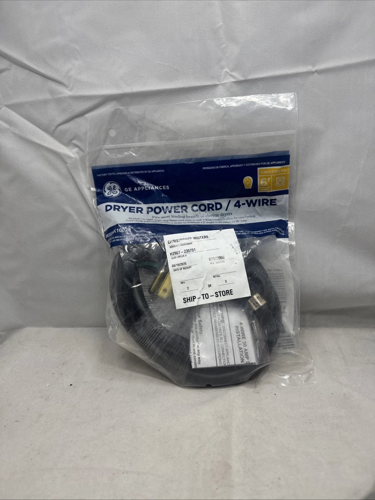 GE 4 Wire 30amp 6' Dryer Power Cord WX09X10020 New