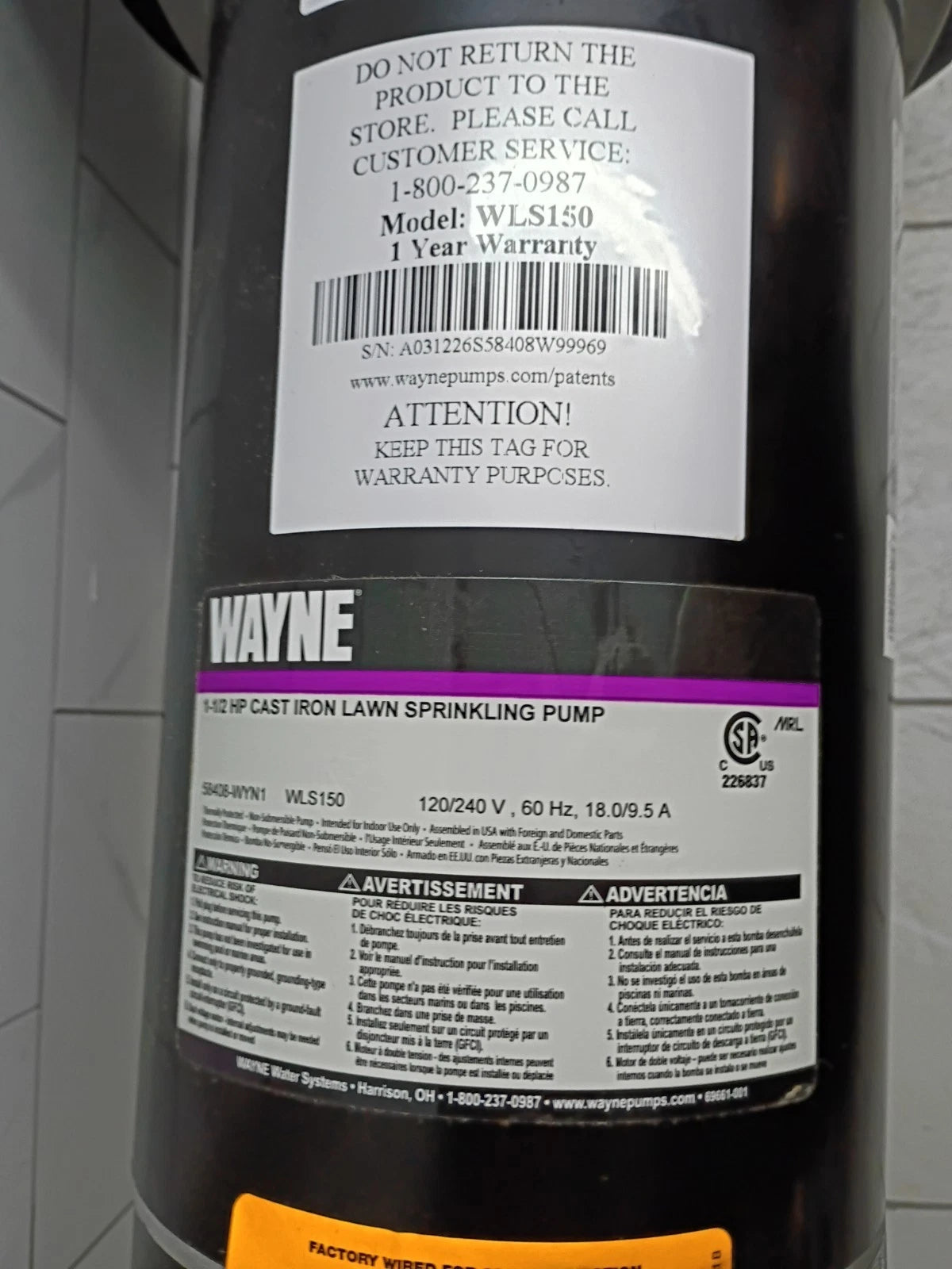 Wayne WLS150 1-1/2HP 230V Cast iron Lawn Irrigation Sprinkler pump New Open Box