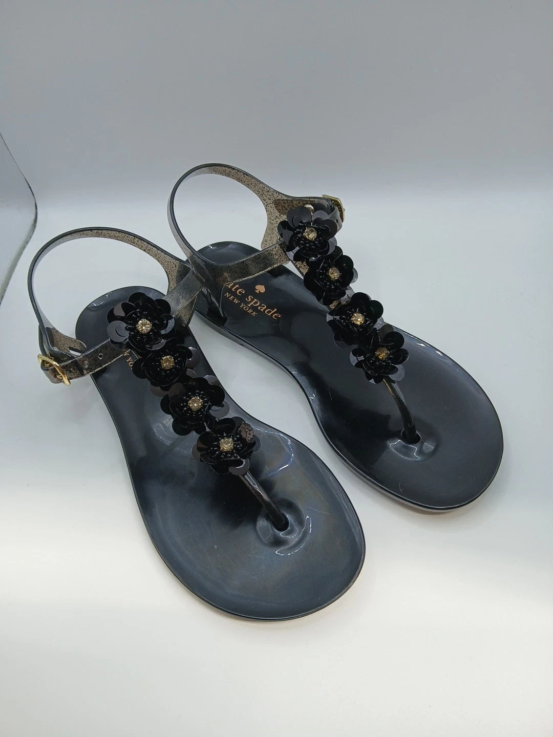 Kate Spade Black Sandals Women Size 5m Thong Style With Flower Detail