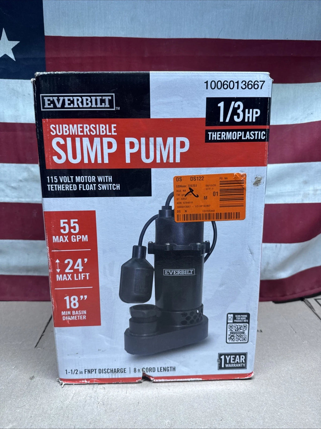 Everbilt 1/3 HP Corrosion Resistant Aluminum Sump Pump w/ Tether Switch NEW OB.