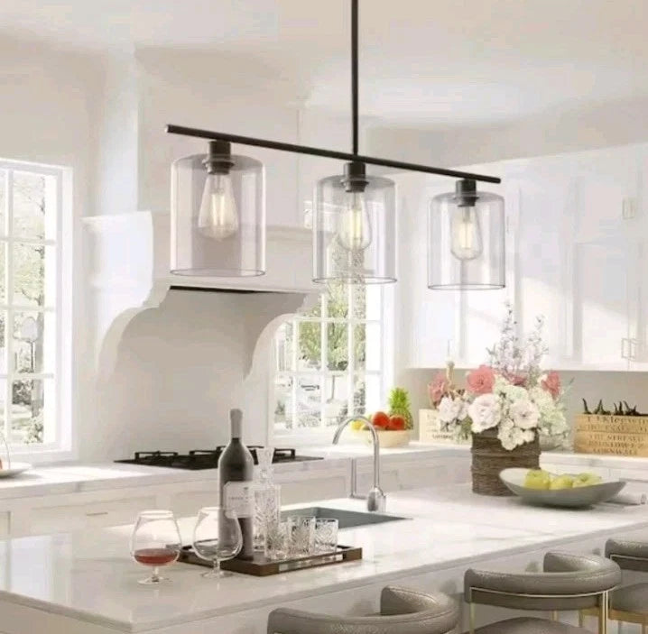 YANSUN 3-Light Matte Black Modern Kitchen Island Light Linear Chandelier OB