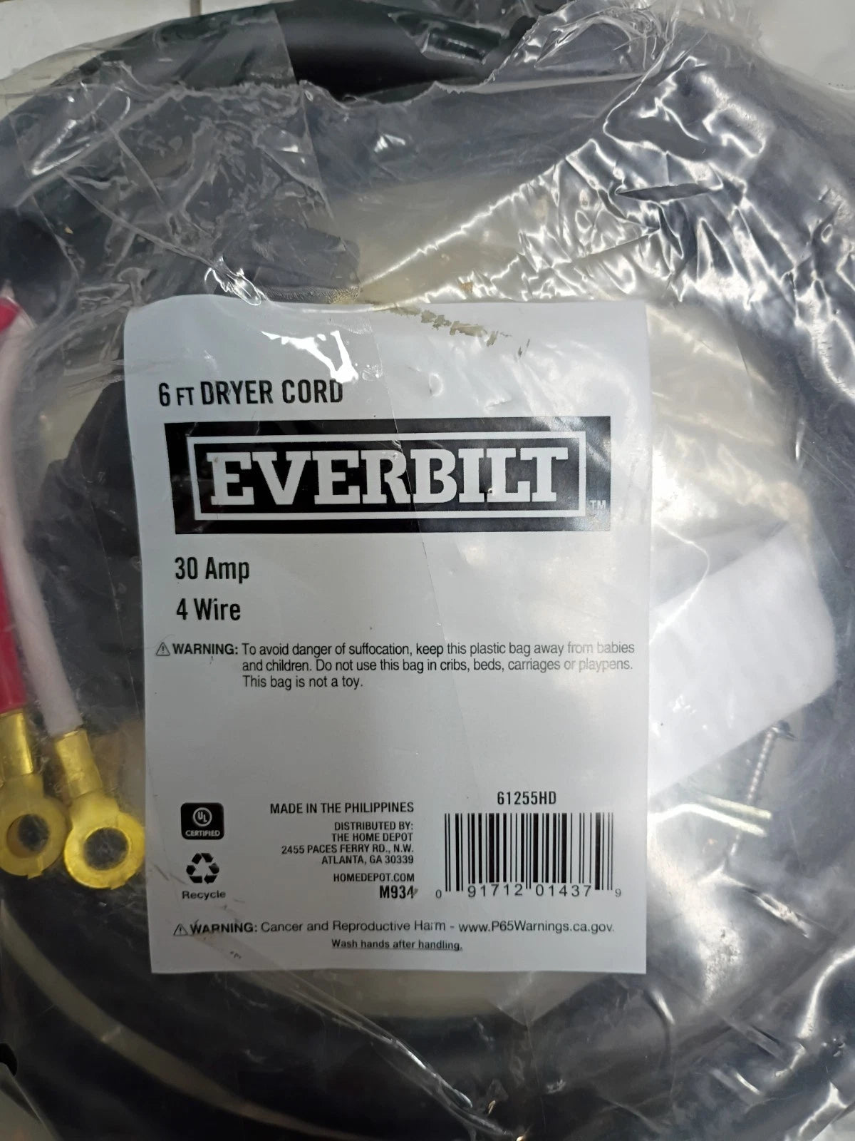 7pk Everbilt 10 Gauge 4-Wire Electric Dryer Plug 125/250V Black 6' 61255HD OB