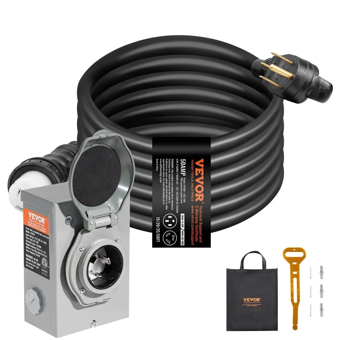 VEVOR 50 Amp Generator Cord and Power Inlet Box 15FT, NEMA 14-50P/SS2-50R STW