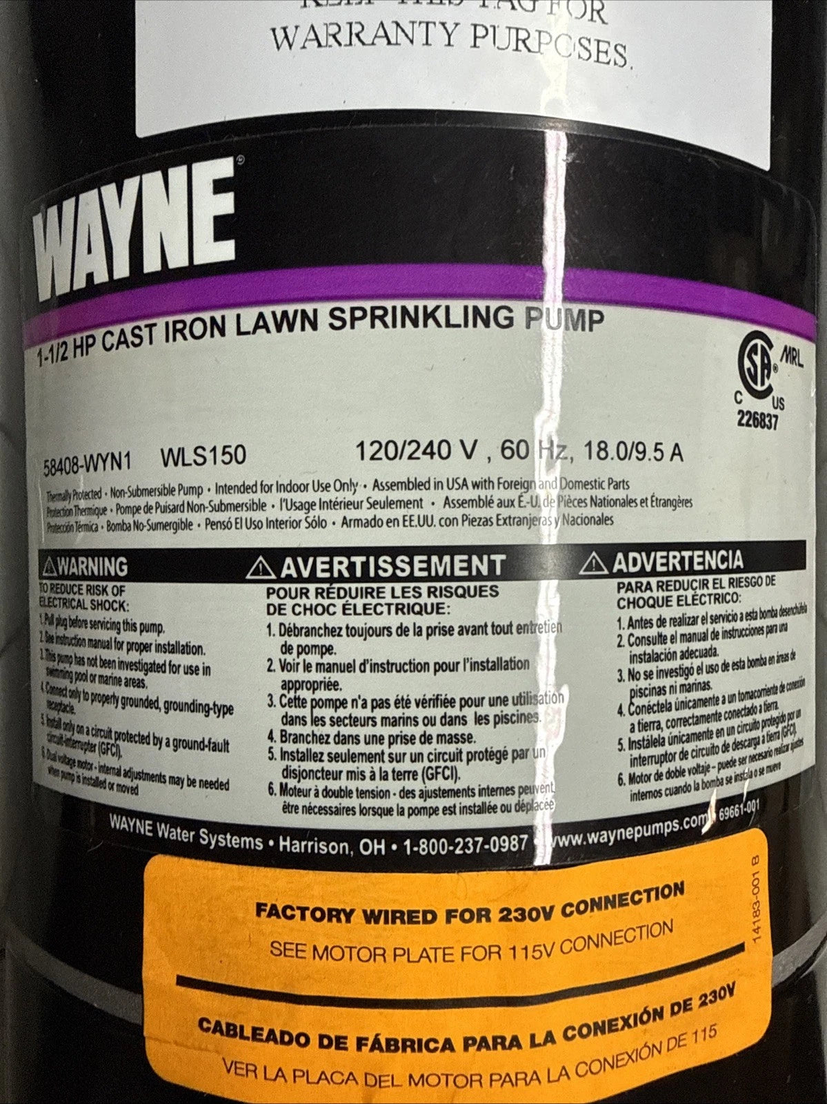 Wayne WLS150 1-1/2 HP Cast Iron Quick-Prime Lawn-irrigation Sprinkler Pump. NOB