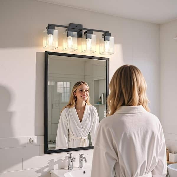 25 in. 4-Light Matte Black Vanity Light with Square Glass Shades-Modern Bathroom