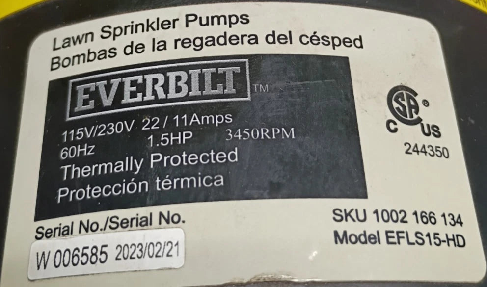 Everbilt HDLS15P Lawn Irrigation Pump Plastic 1-1/2HP FOR PARTS ONLY