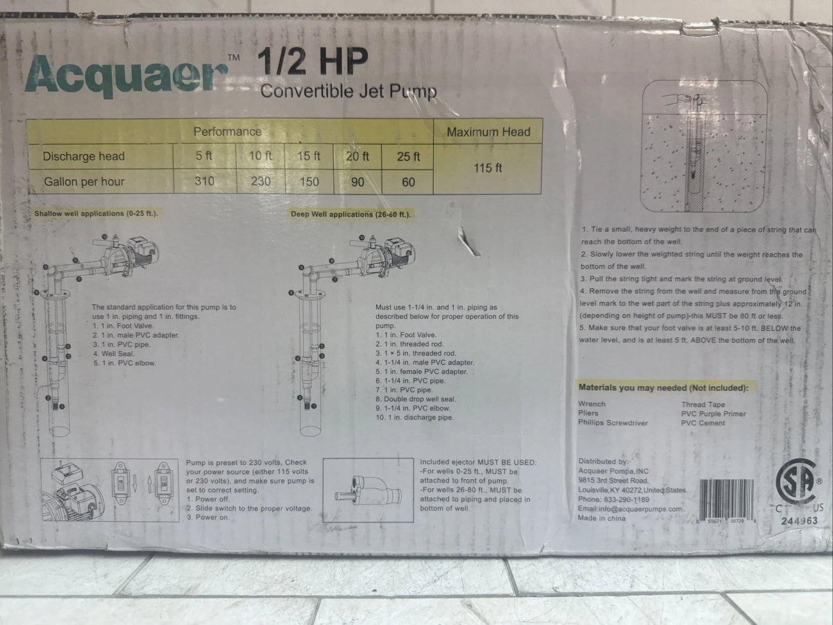 Acquaer CJE050-1 1/2 HP Cast Iron Convertible Jet Pump NEW Open Box