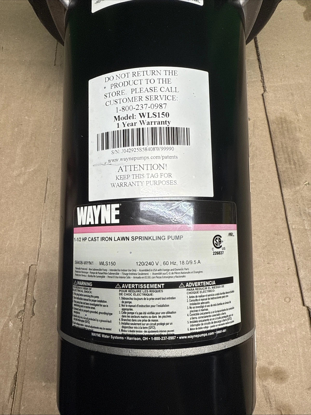 Wayne 1-1/2 HP Cast Iron Quick-Prime Lawn-Sprinkler Pump. For Parts