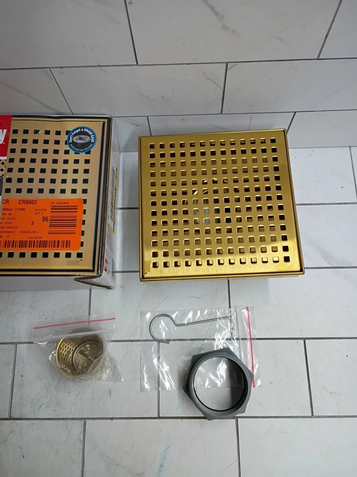 Oatey 7014325-TH Designline 6" x 6" Shower Drains Brushed Gold Square Pattern OB