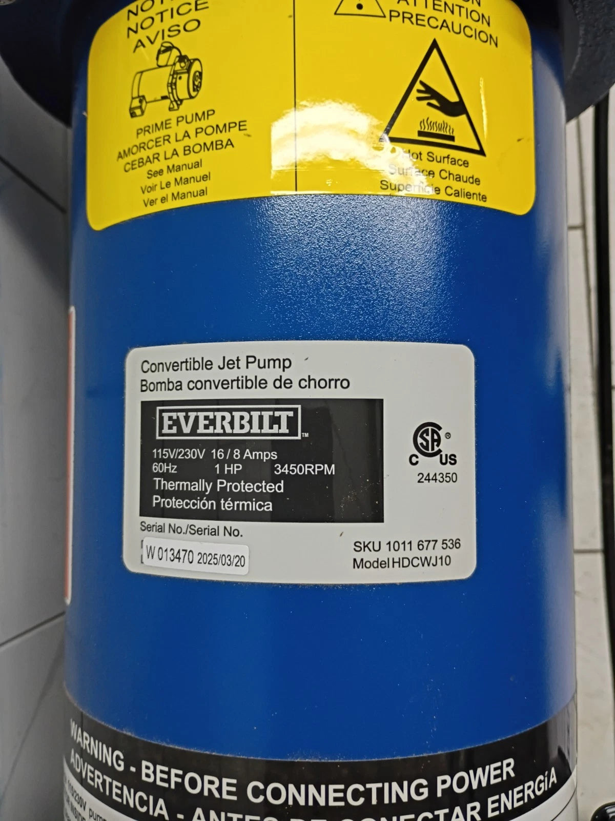 Everbilt HDCWJ10 1 HP Professional Convertible Jet Pump. Open Box.