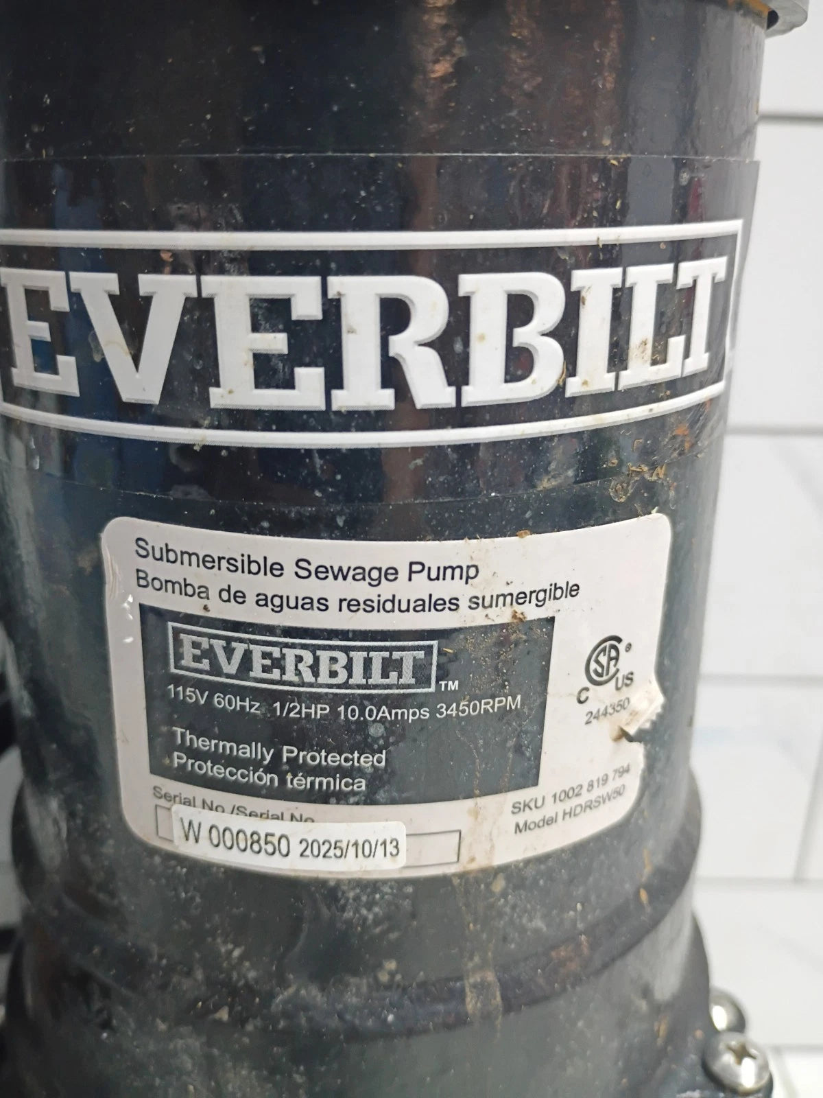 Everbilt 1/2 HP Submersible Sewage Ejector Pump (HDRSW50) Tethered Switch Used
