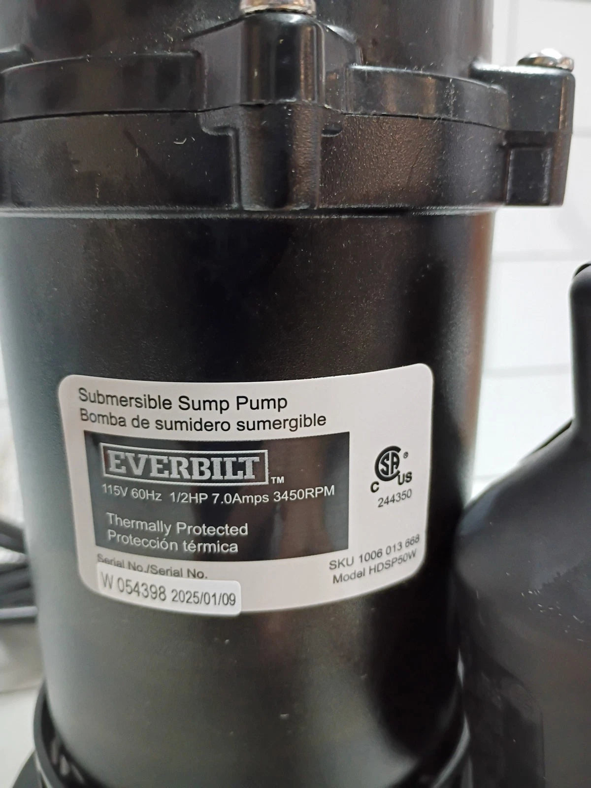 Everbilt HDSP50W 1/2 HP Submersible Aluminum Sump Pump with Tethered Switch OB