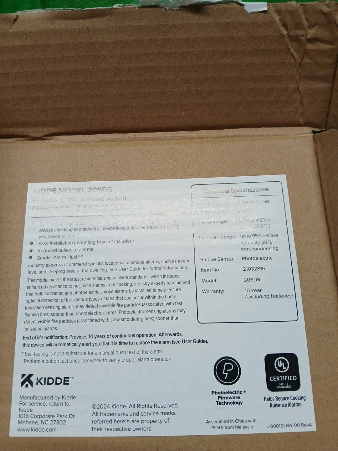 KIDDE 20SDR Photoelectric Smoke Alarm AA Battery Powered LED Warning
