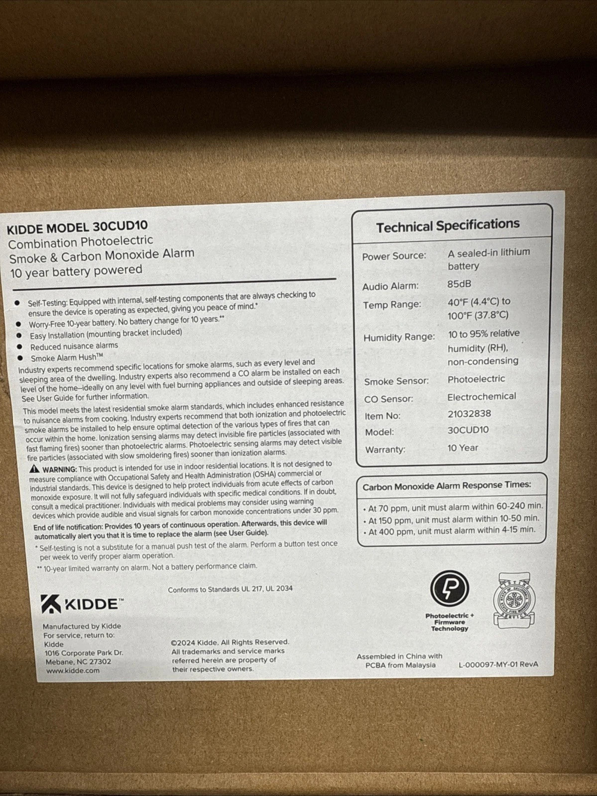 Kidde Smoke & CO Detector, 10-Year Battery, LED Warning Indicators 30CUD10. 2025