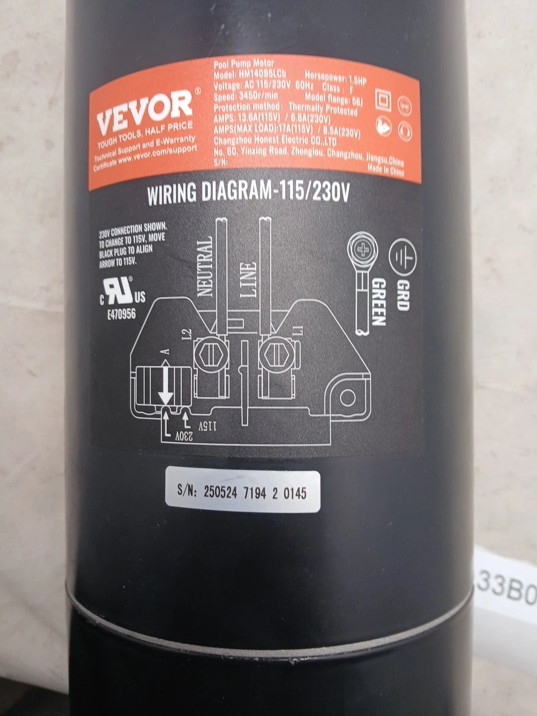 Pool Pump Motor Model #hm14095lCb Horse Power 1.5 Hp USED