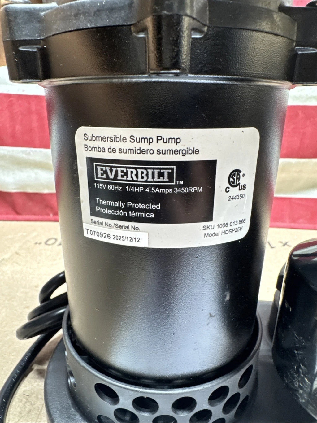 Everbilt HDSP25V 1/4 HP Aluminum Submersible Sump Pump Vertical Switch Open Box