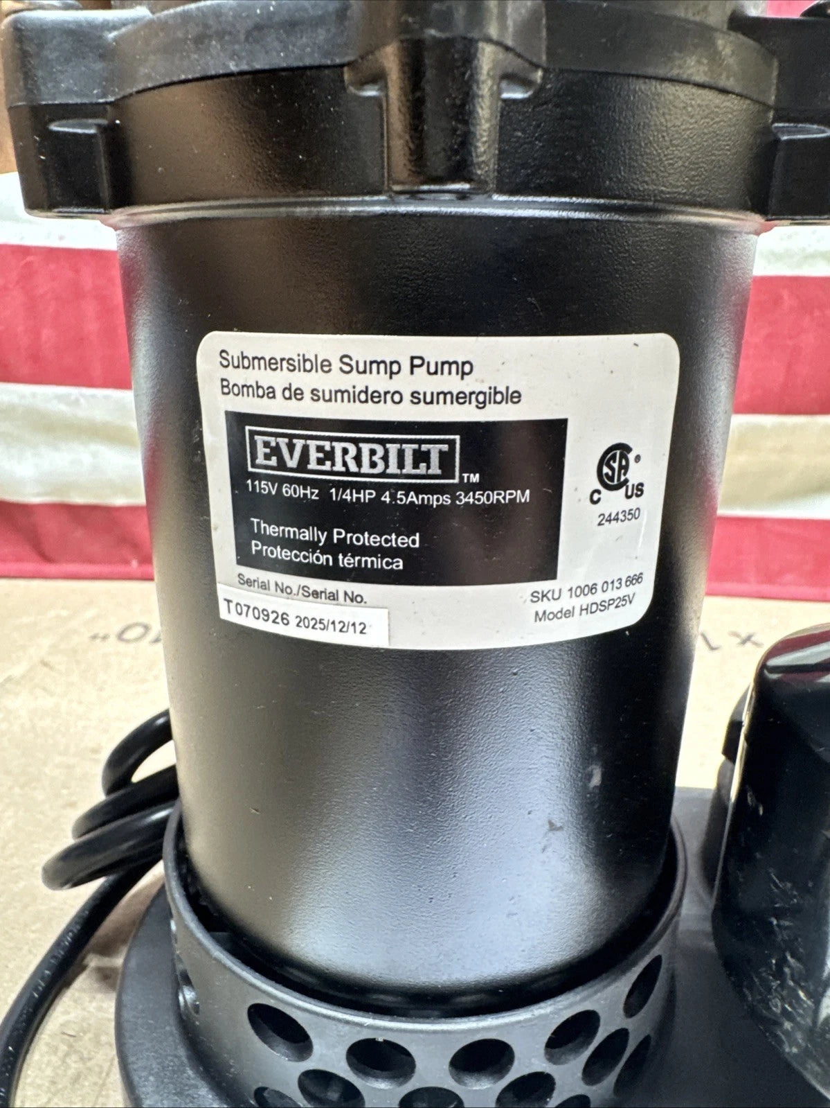 Everbilt HDSP25V 1/4 HP Aluminum Submersible Sump Pump Vertical Switch Open Box