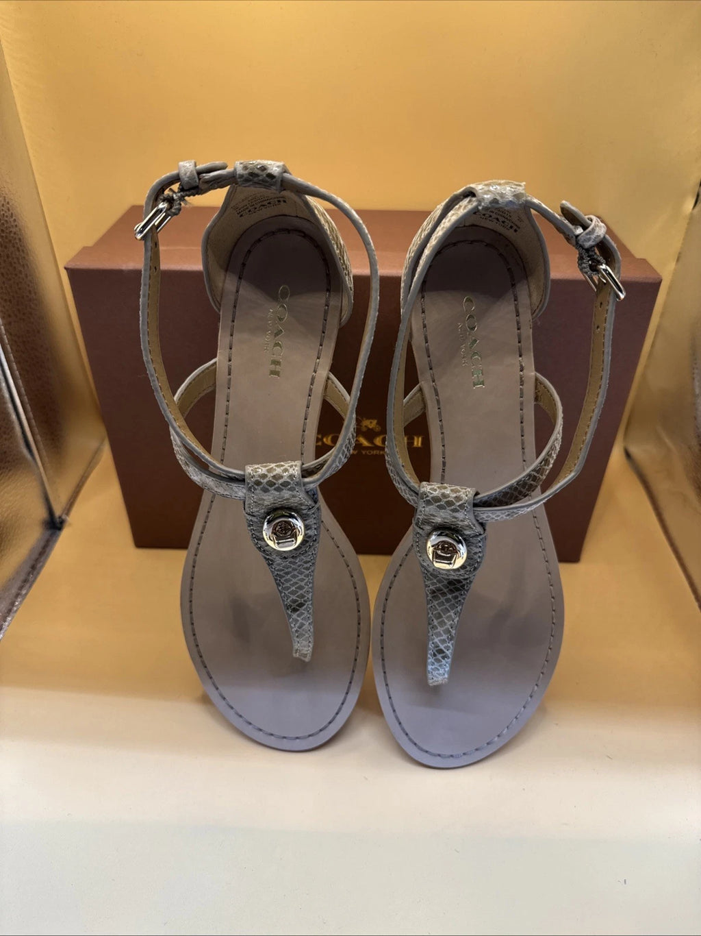 Coach New York Ingrid Natural Snake Print Sandals Size 7M Women's New With Box!