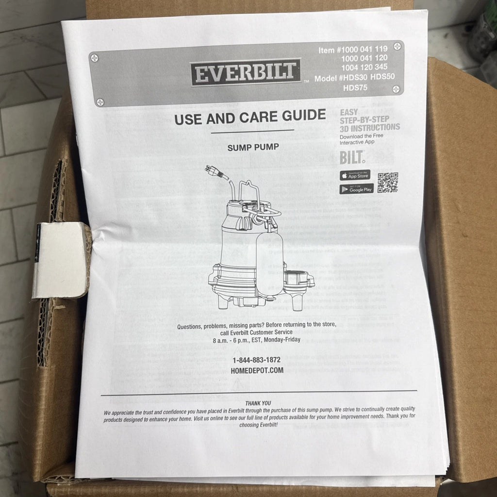 Everbilt HDS75 - 3/4HP Cast-Iron Pro-Grade Submersible Sump Pump New Open Box