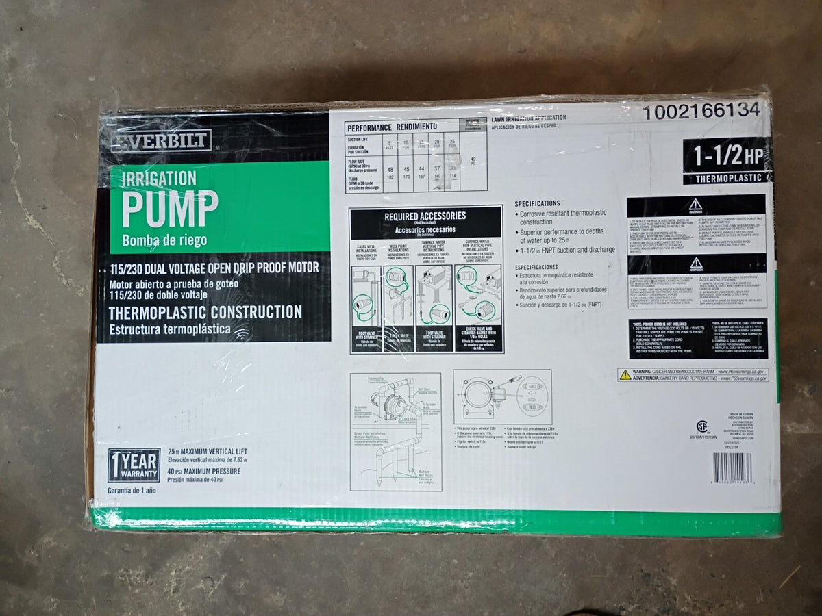 Everbilt HDLS15P, Lawn Irrigation Pump Plastic 1-1/2HP, 52 GPM **PARTS ONLY**