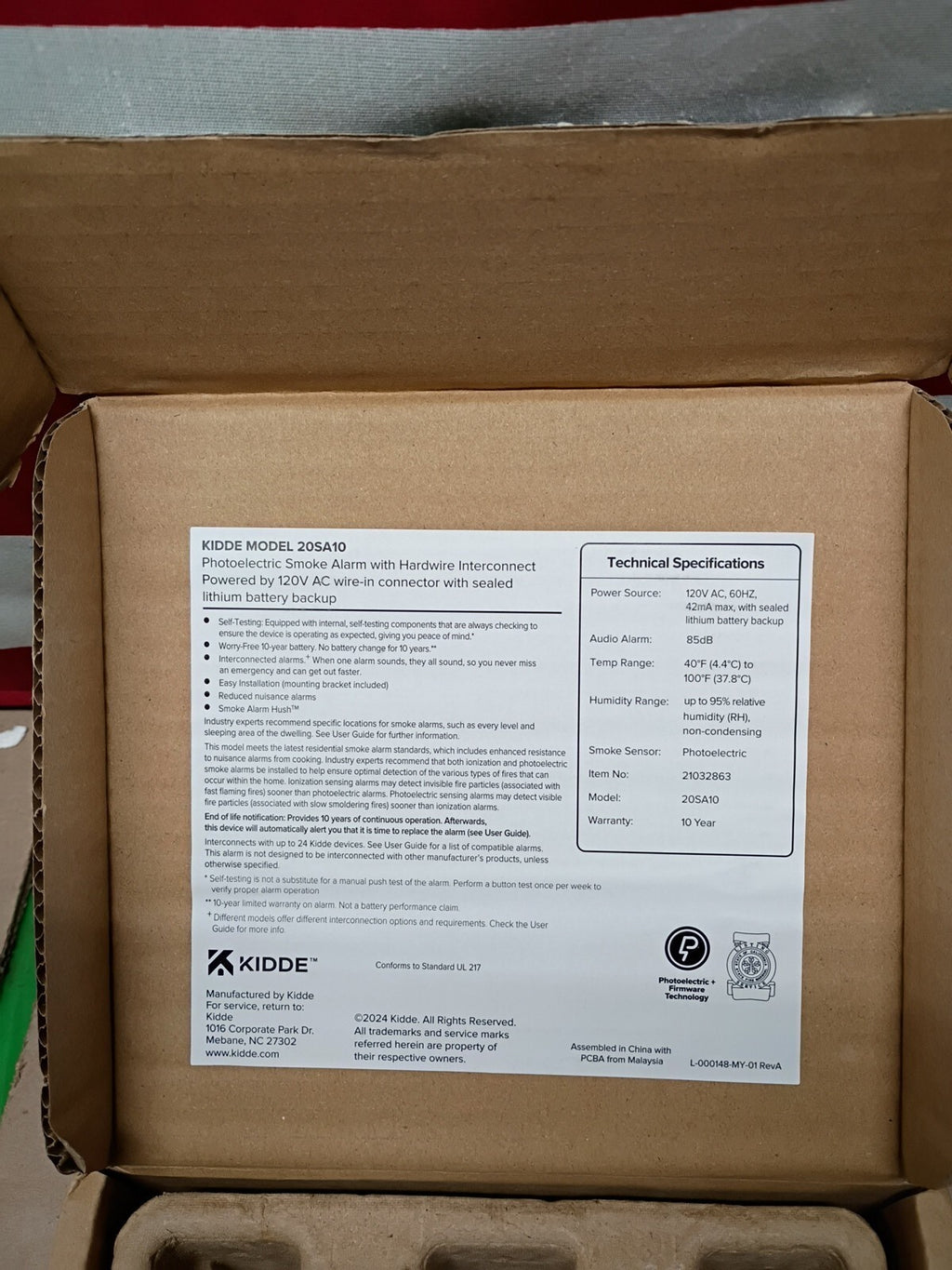 Kidde 20SA10 Hardwired Smoke Detector, 10-Year Battery, Interconnectable.