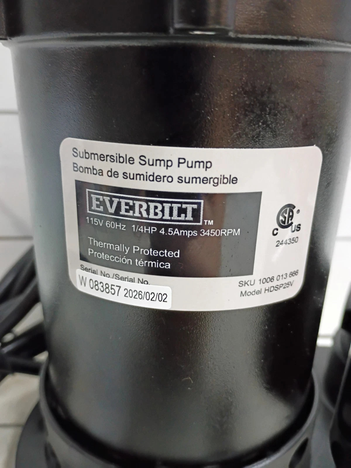 Everbilt HDSP25V 1/4 HP Aluminum Submersible Sump Pump Vertical Float Switch