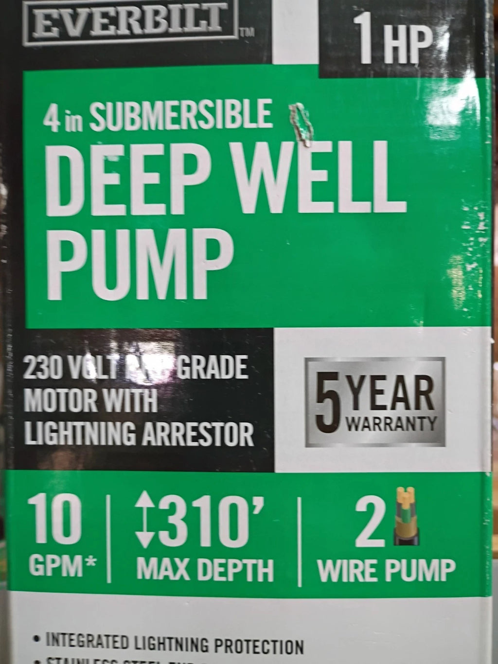 EVERBILT 1 HP HDSUB10-102 Deep Well Pump 4” Submersible 10 GPM 2 Wire 310’ OB
