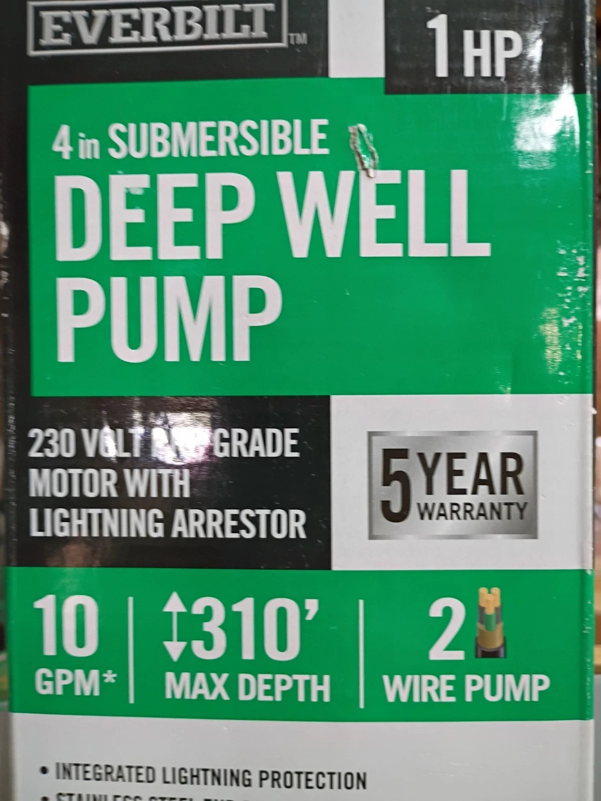 EVERBILT 1 HP HDSUB10-102 Deep Well Pump 4” Submersible 10 GPM 2 Wire 310’ OB