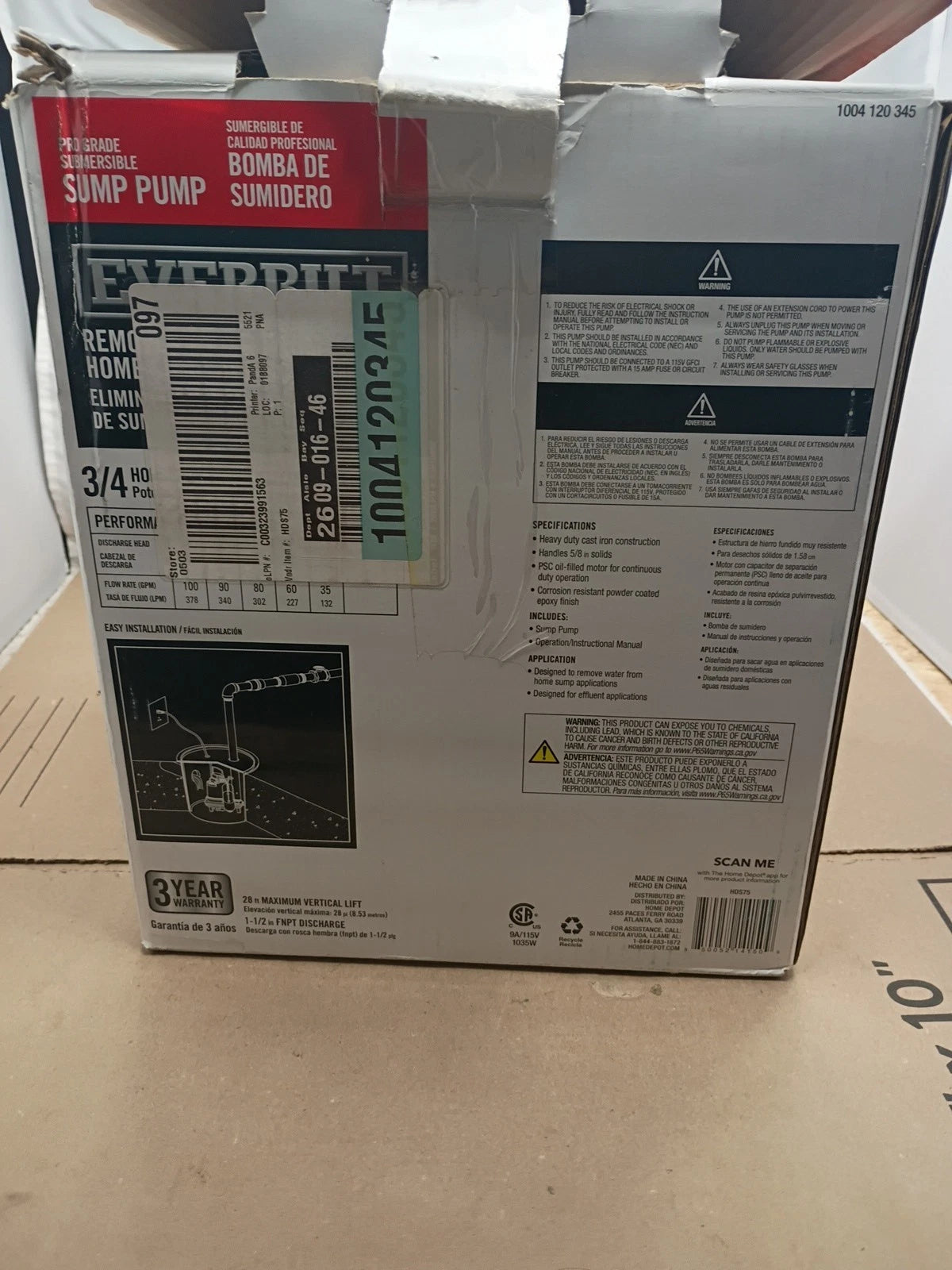 Everbilt 3/4HP Cast-Iron Pro-Grade Submersible Sump Pump 1004 120 345 HDS75