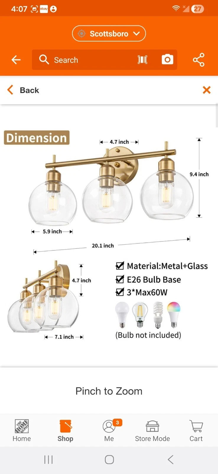 3 Light Bathroom Fixture Gold w Round Globes 20 Wide