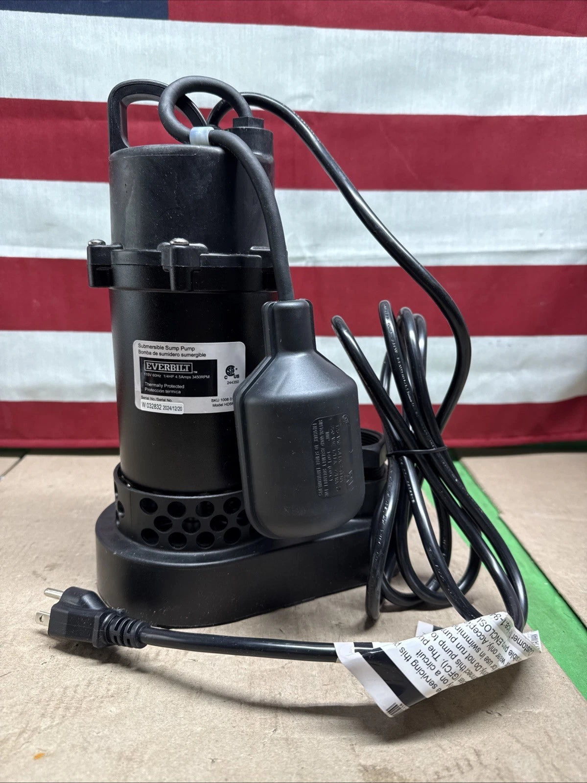 Everbilt 1/4 HP Aluminum Sump Pump w/ Tether Float Switch HDSP25W NEW OPEN BOX.