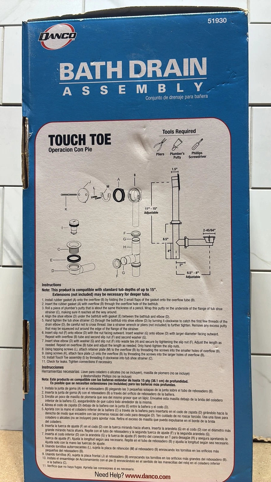 DANCO Touch-Toe push top Tub and Bath Drain Kit - Chrome - 51930