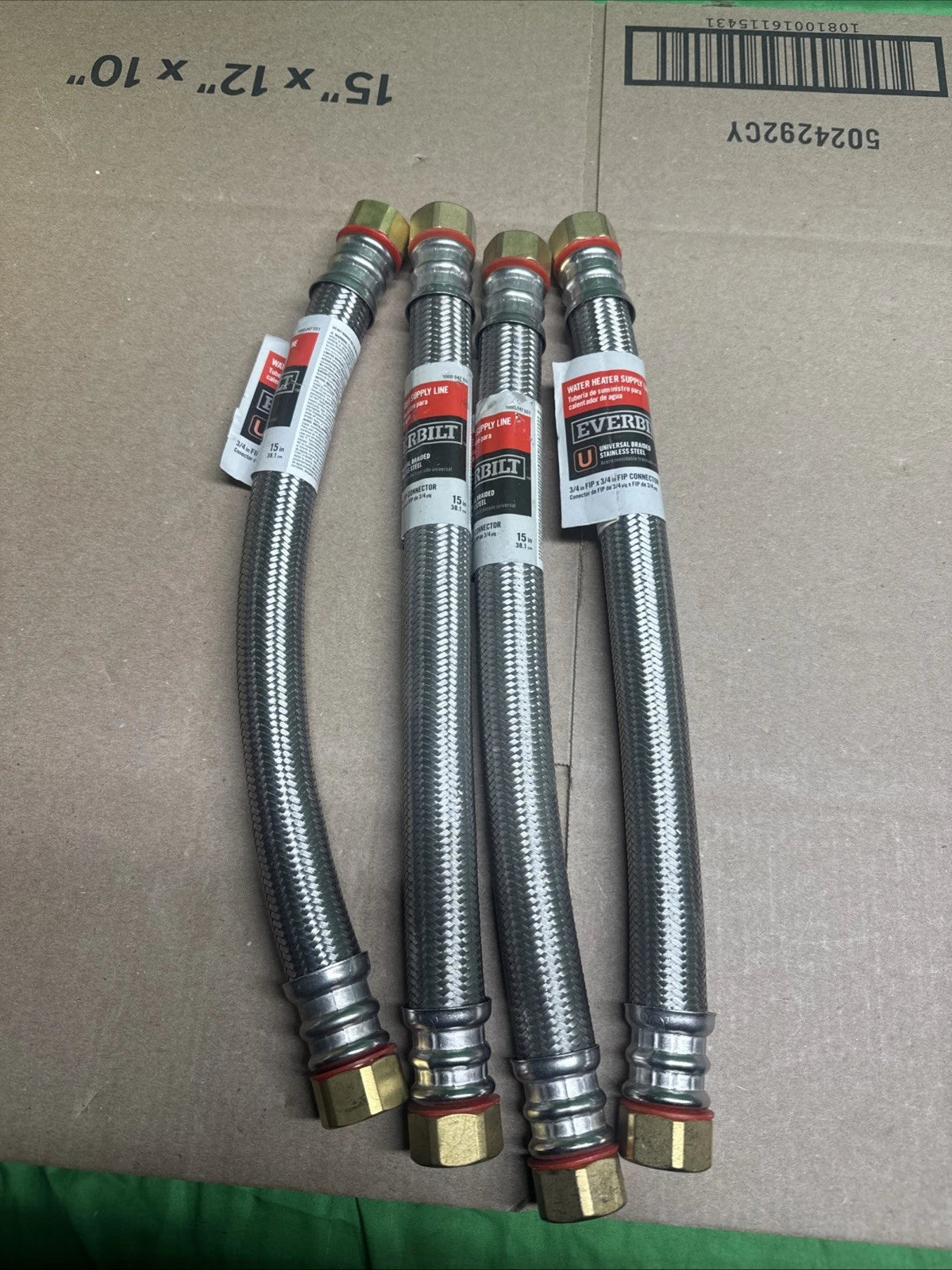 LOT OF 4 EVERBILT 15” Water Heater Supply Line Hose 3/4" X 3/4” FIP Connector