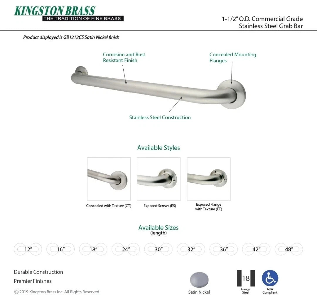 Kingston Brass GB1218C Made To Match 18" Grab Bar - Nickel NEW