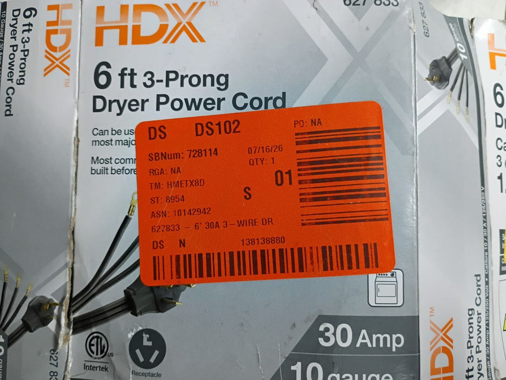 (6 Pack) Dryer Power Cord Gray 3-Prong Gauge 30A 6ft" cord Open Box