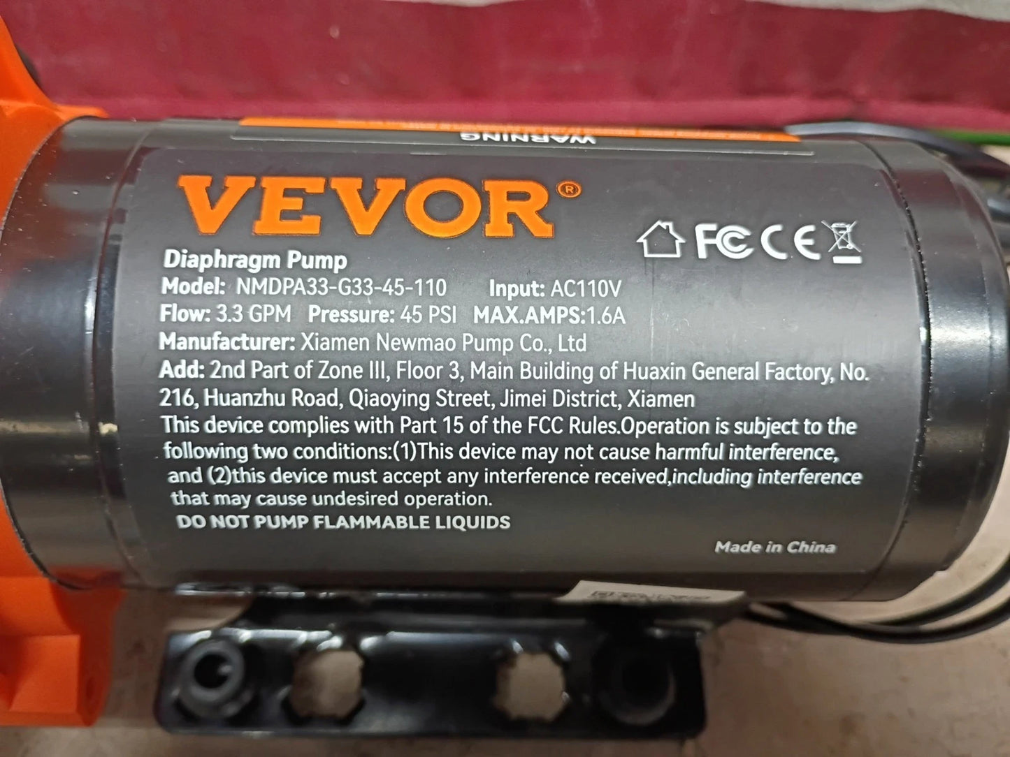 VEVOR NMDPA33-G33-45-110 WATER DIAPHRAGM PUMP, Open Box