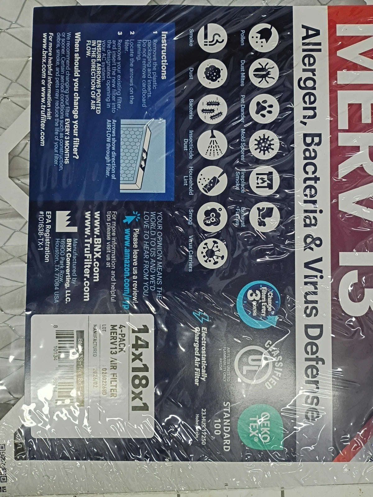 MERV 13 14x18x1 Electrostatic Air Filters 4-Pack for HVAC AC Systems Open Box
