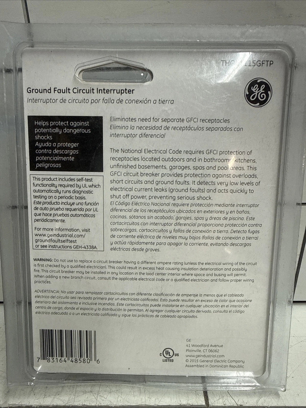 GE 15 Amp Single Pole Ground Fault Breaker with Self-Test (THQL1115GFTP)