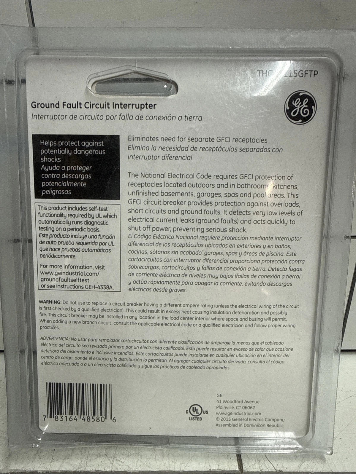 GE 15 Amp Single Pole Ground Fault Breaker with Self-Test (THQL1115GFTP)