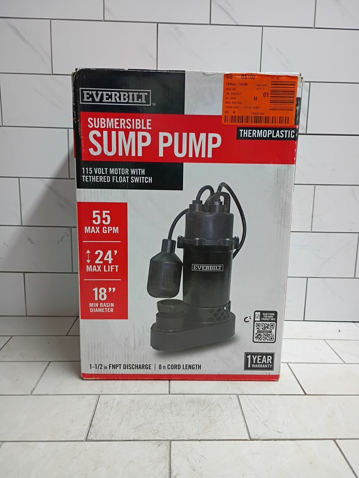 Everbilt HDSP33W 1/3 HP Aluminum Sump Pump Tether Switch Open Box
