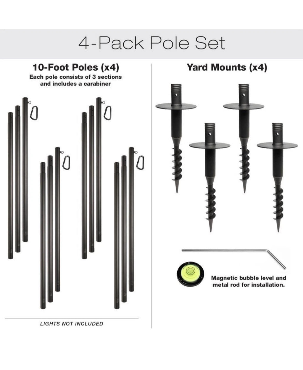 Premium 10ft String Light Poles - 4 Pack for Yard Mounting on Grass/Dirt