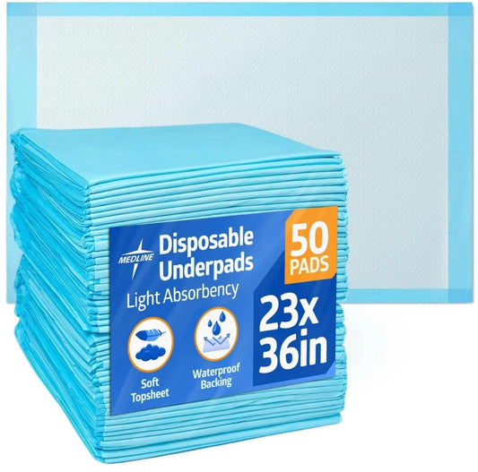 50 Count Medline Light Absorbency Underpad, 23" x 36",, Disposable Bed,.