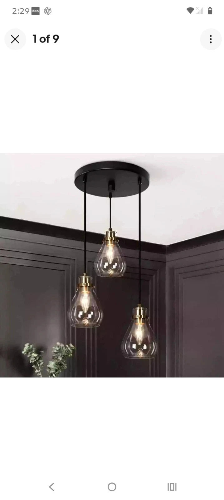 Black and Brass Chandelier 3-Light Ceiling Light Teardrop Glass Shades A04780 OB