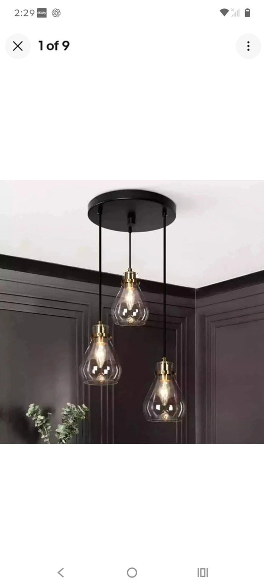 Black and Brass Chandelier 3-Light Ceiling Light Teardrop Glass Shades A04780 OB