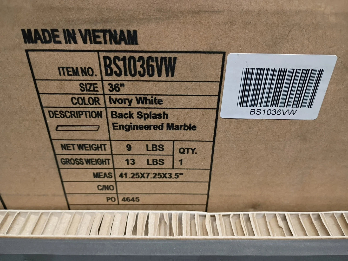 36" x 4" Back Splash Engineered Marble Ivory White, BS1036VW, Open Box,