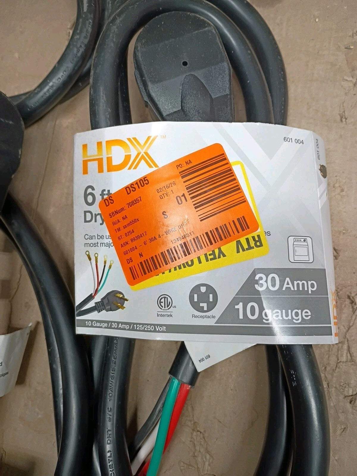 3pck HDX HD#601-004 6 ft. 10/4 30 Amp 4-Prong Dryer Power Cord, Open Box,